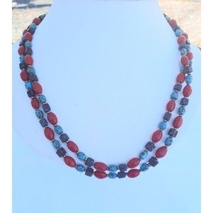 Vintage 1920s Art Deco Long Blue Art Glass and Red Lucite bead necklace 48"